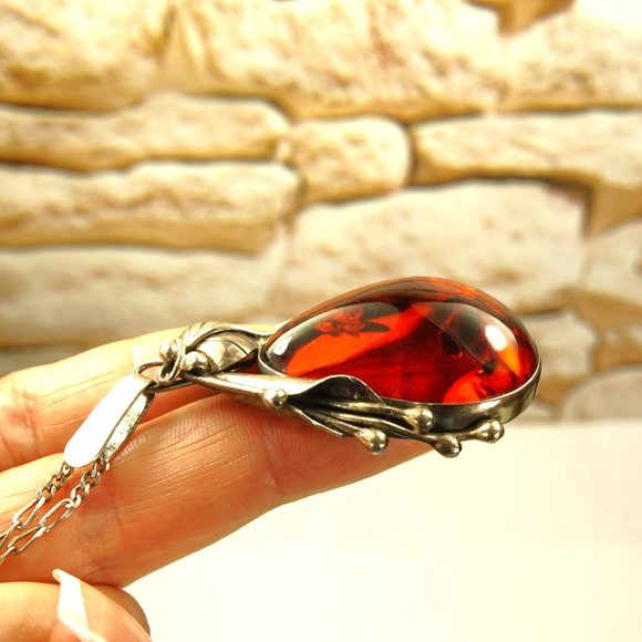 CALLA LILLY BIG AMBER and 925 SILVER PENDANT WITH 19 in STERLING CHAIN - Picture 9 of 10